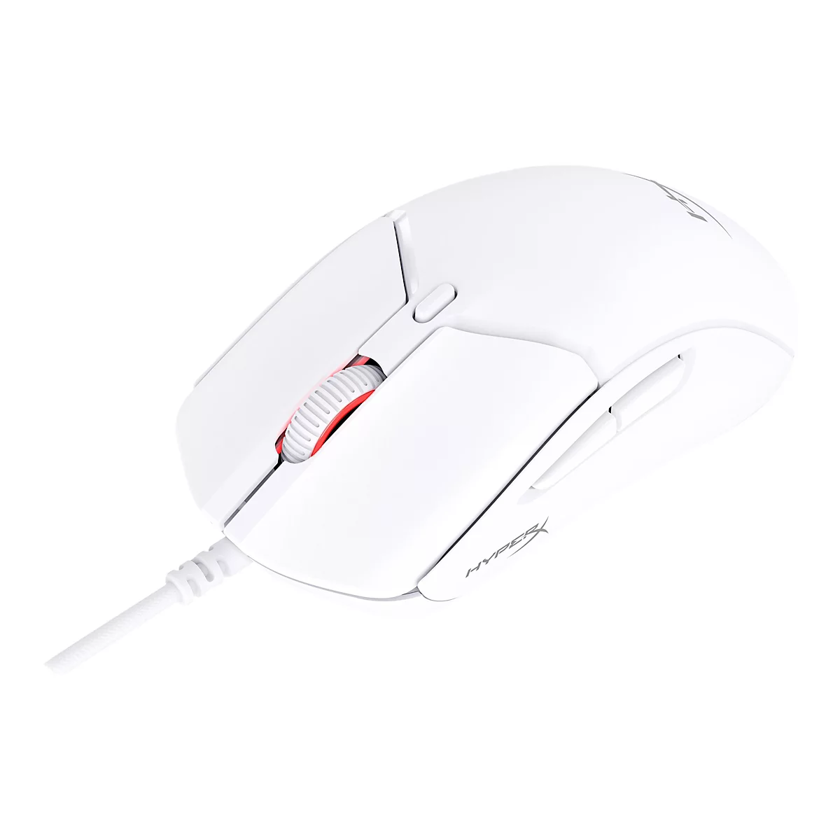 Souris de jeu blanche avec molette rouge et logo HyperX, connexion par câble.