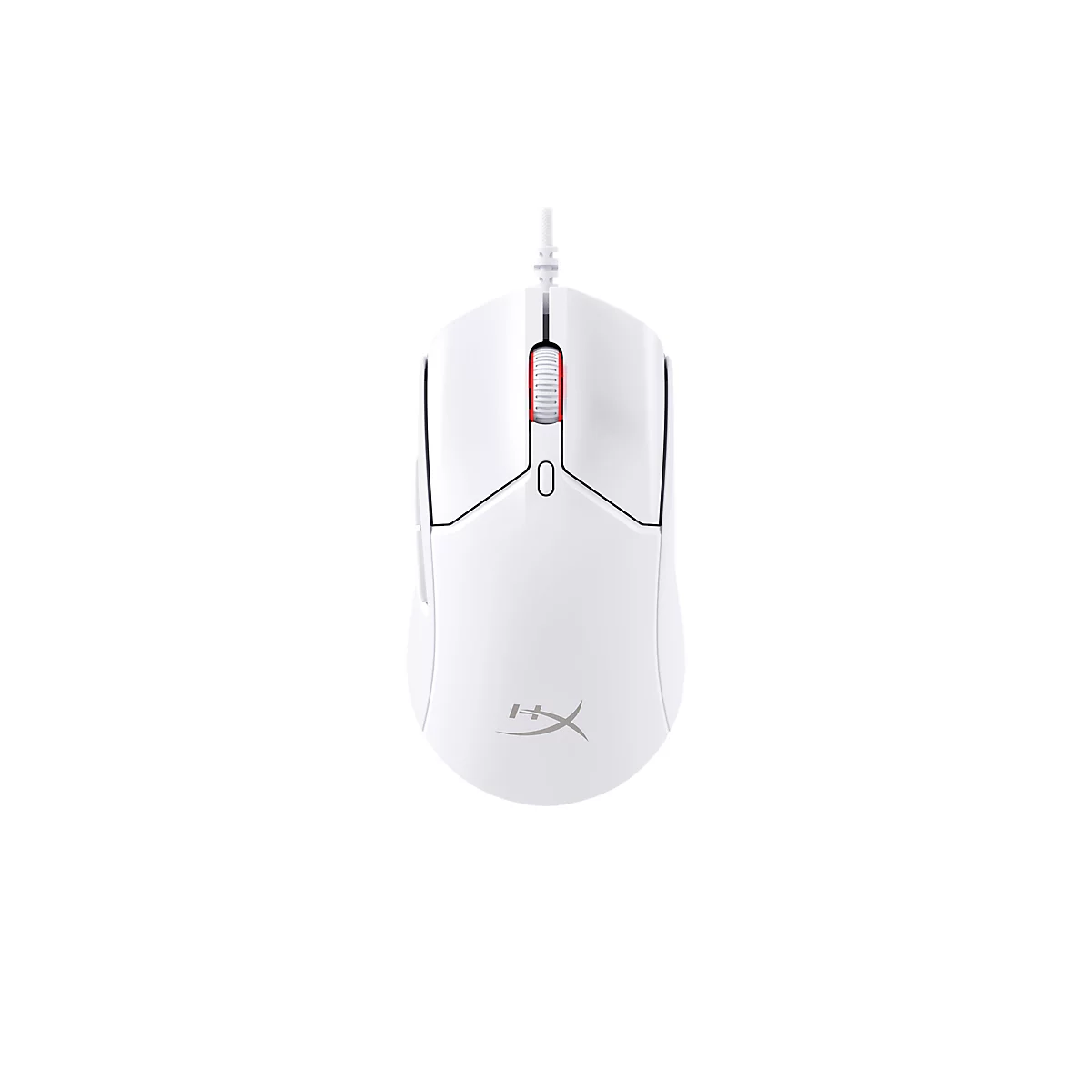 Souris de jeu blanche avec une molette de défilement rouge sur fond blanc. Le logo HyperX est visible.
