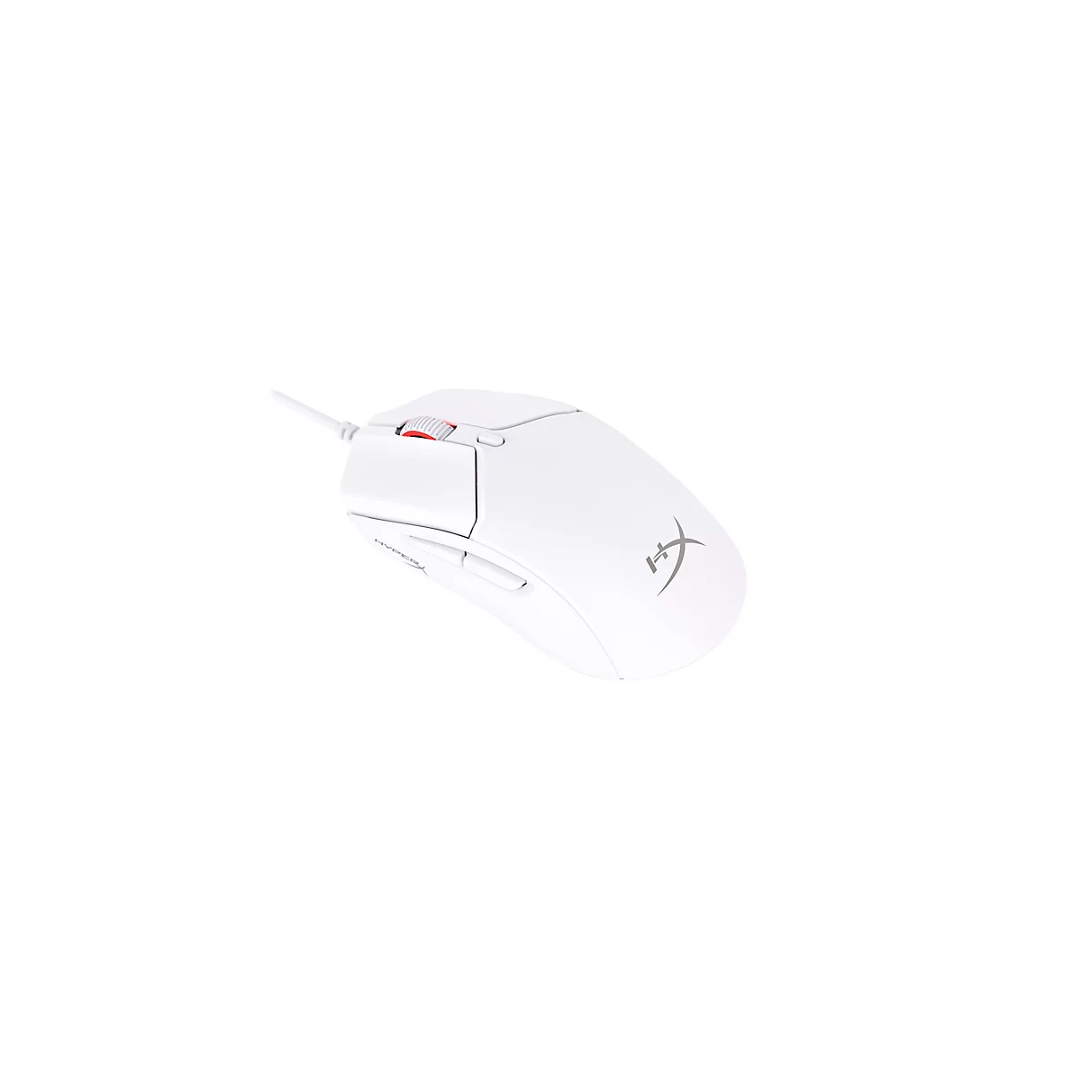 Souris d'ordinateur HyperX blanche avec une molette de défilement rouge et un câble.