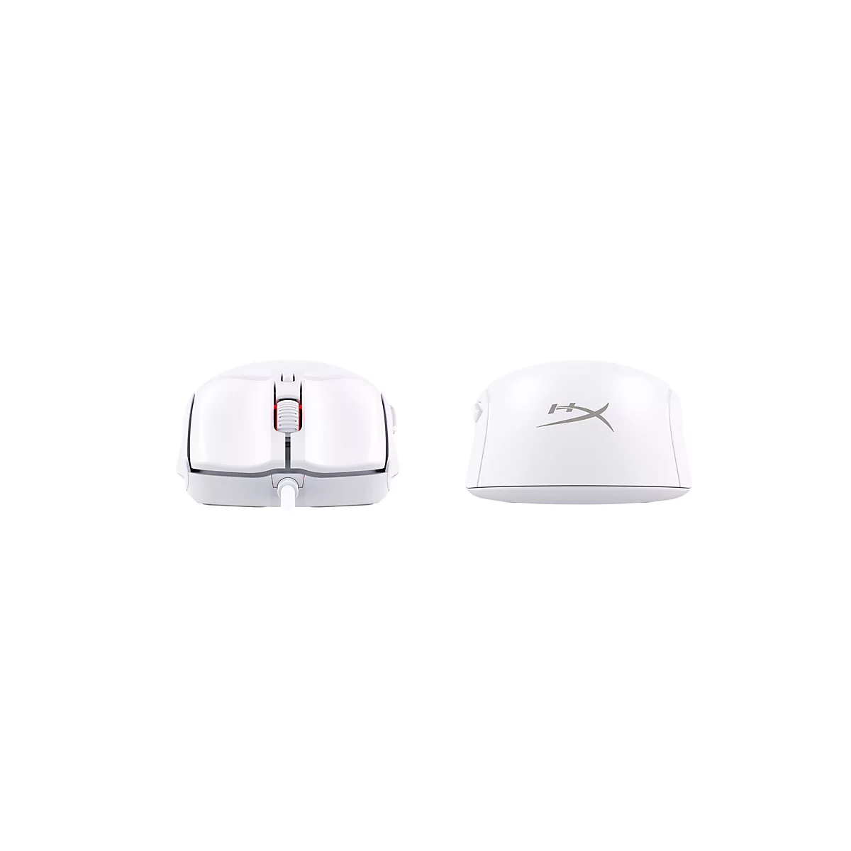 Deux souris de jeu blanches avec le logo HyperX, une vue de dessus et une vue de côté.