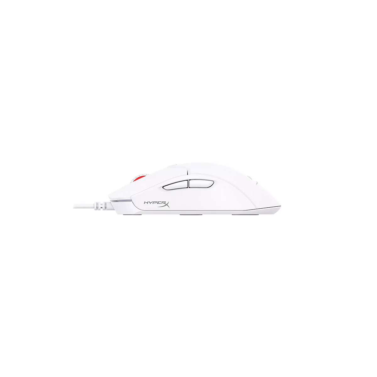 Souris d'ordinateur HyperX blanche, avec une couleur d'accentuation rouge, connexion par câble.