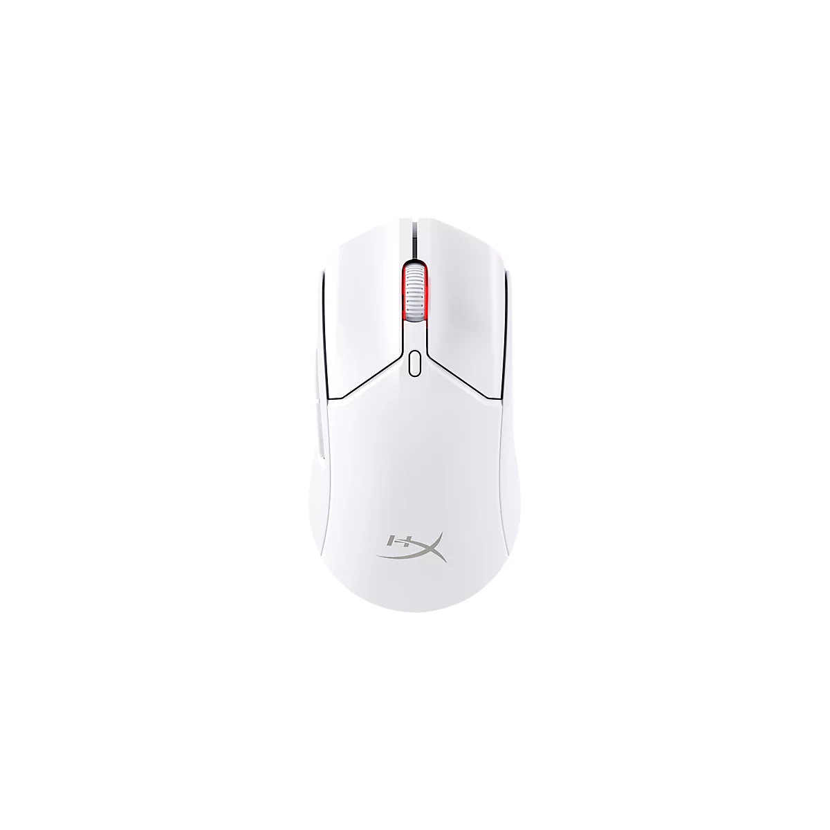 Vue de dessus d'une souris de jeu blanche avec une molette de défilement rouge et le logo HyperX.