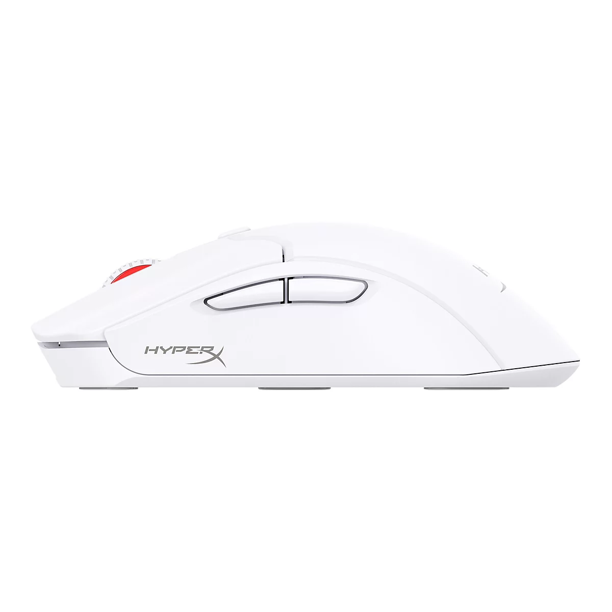 Vue latérale d'une souris de jeu blanche. Molette rouge, deux boutons latéraux et logo HyperX.