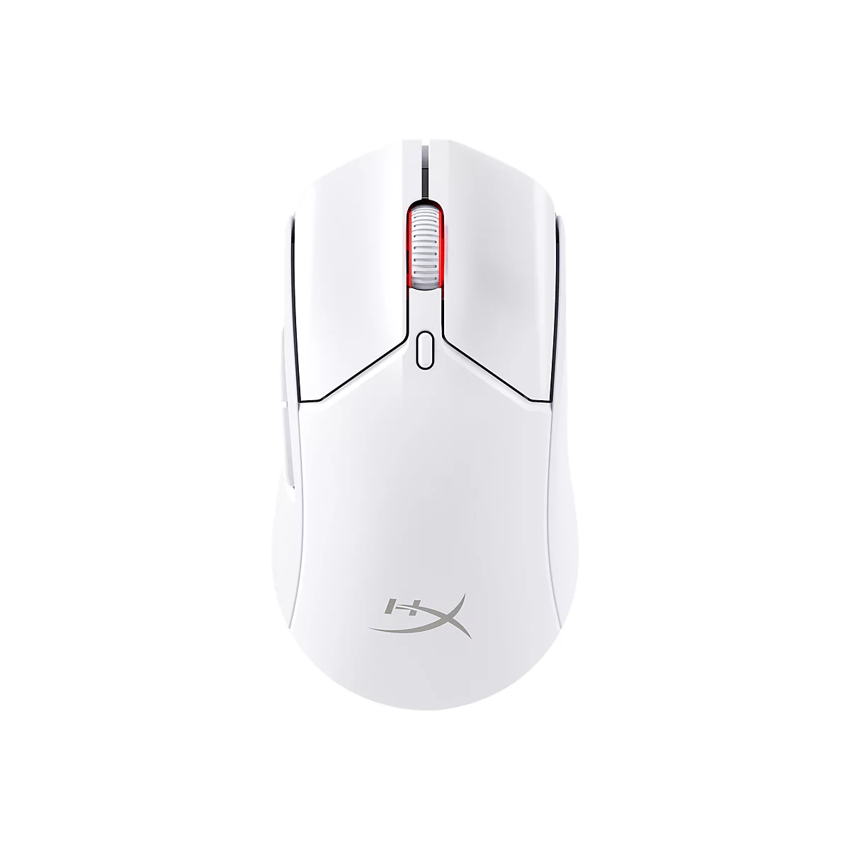 Vue de dessus d'une souris de jeu blanche avec une molette de défilement rouge et le logo HyperX.
