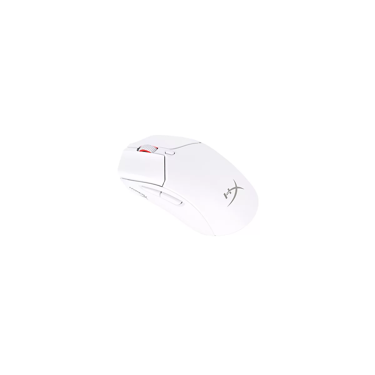 Souris de jeu blanche avec une molette de défilement rouge sur fond blanc. Un logo est visible sur la souris.