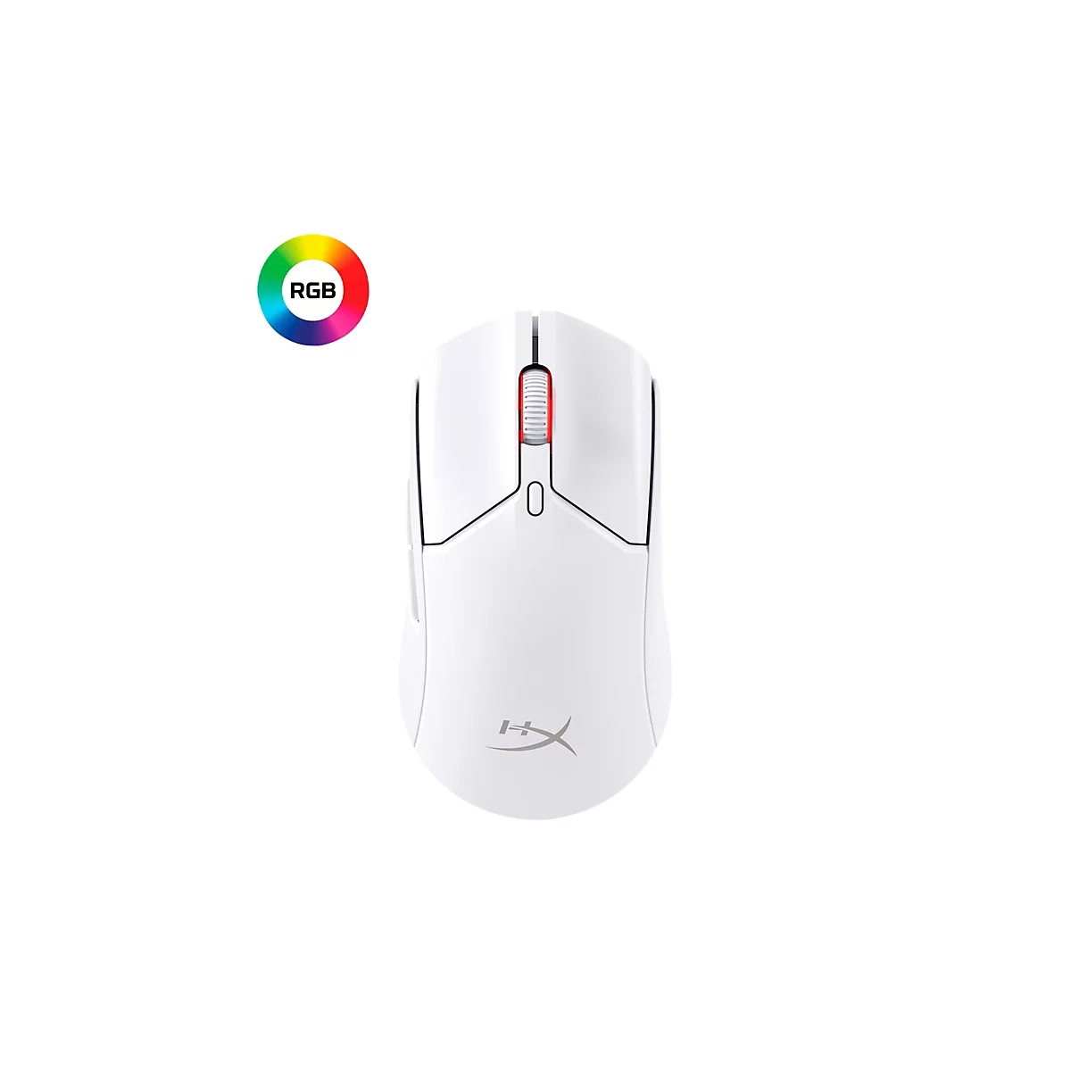 Souris de jeu blanche avec molette rouge et logo RVB.