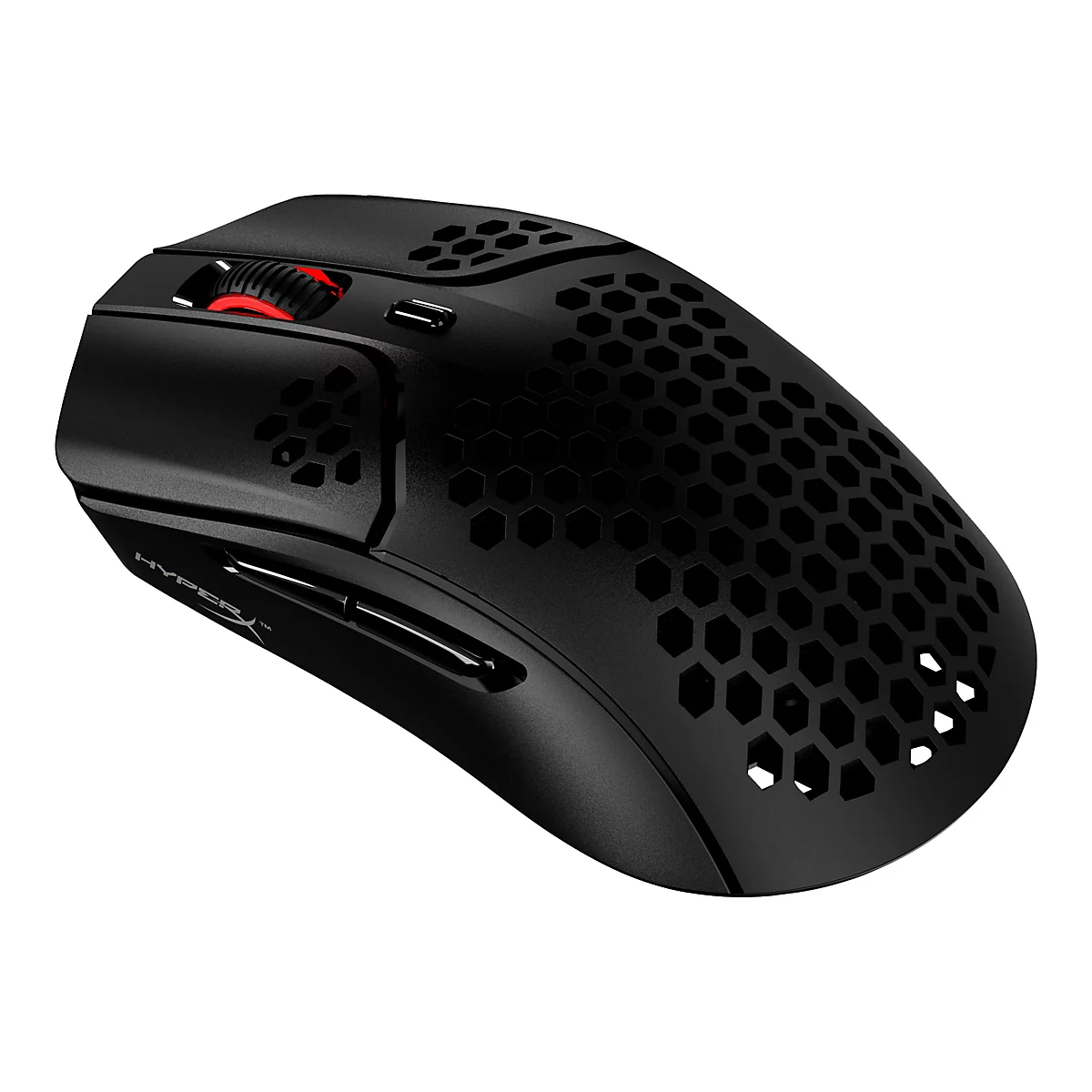 Souris d'ordinateur noire, avec des accents rouges et une structure en nid d'abeille sur la surface.