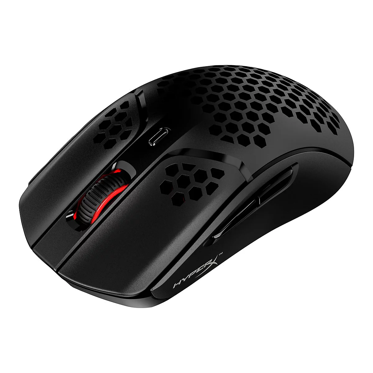 Souris de jeu noire avec trous en nid d'abeille, molette rouge et logo HyperX.