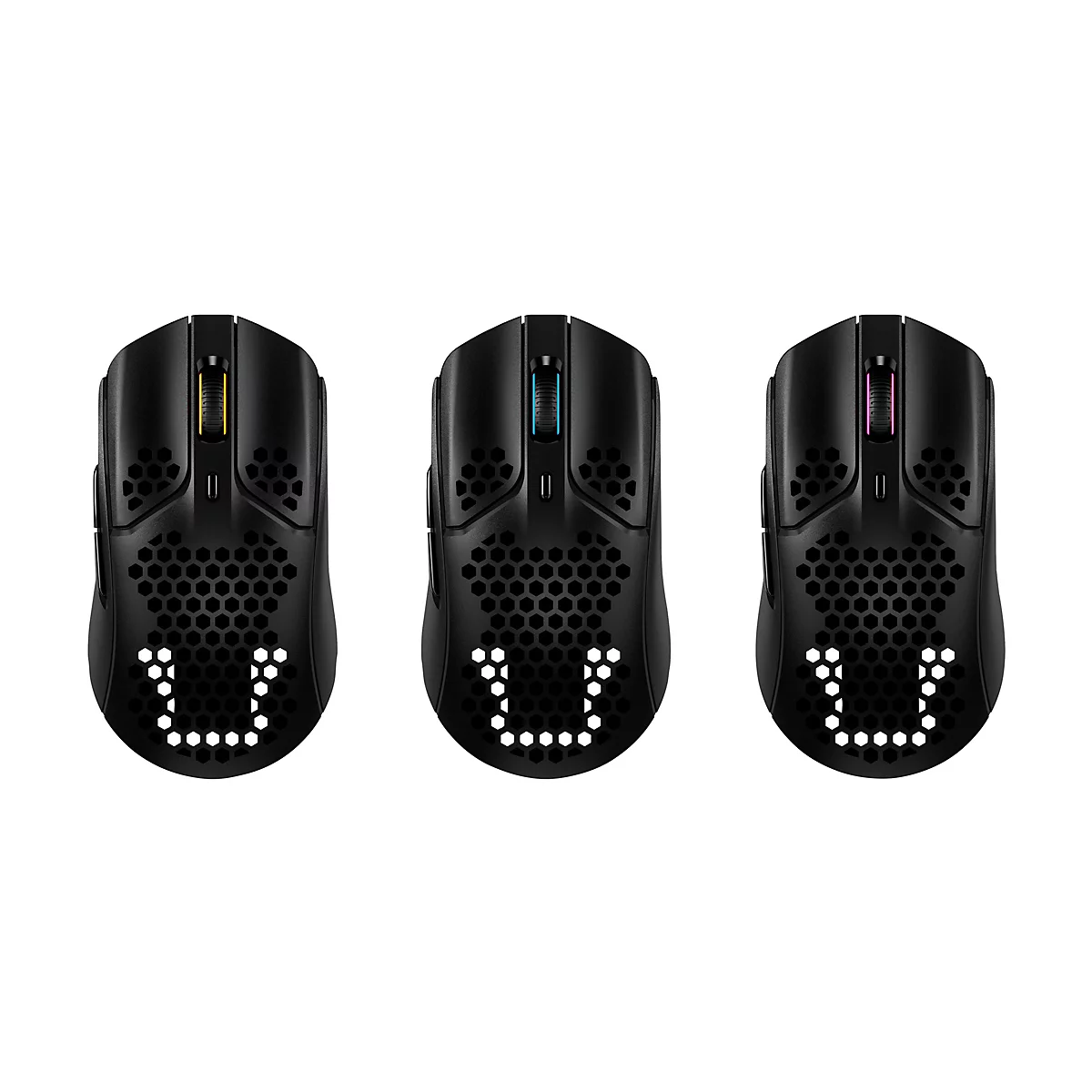 Trois souris de jeu noires côte à côte, chacune avec un éclairage de molette coloré : jaune, bleu et rose. Le boîtier a un design en nid d'abeille.