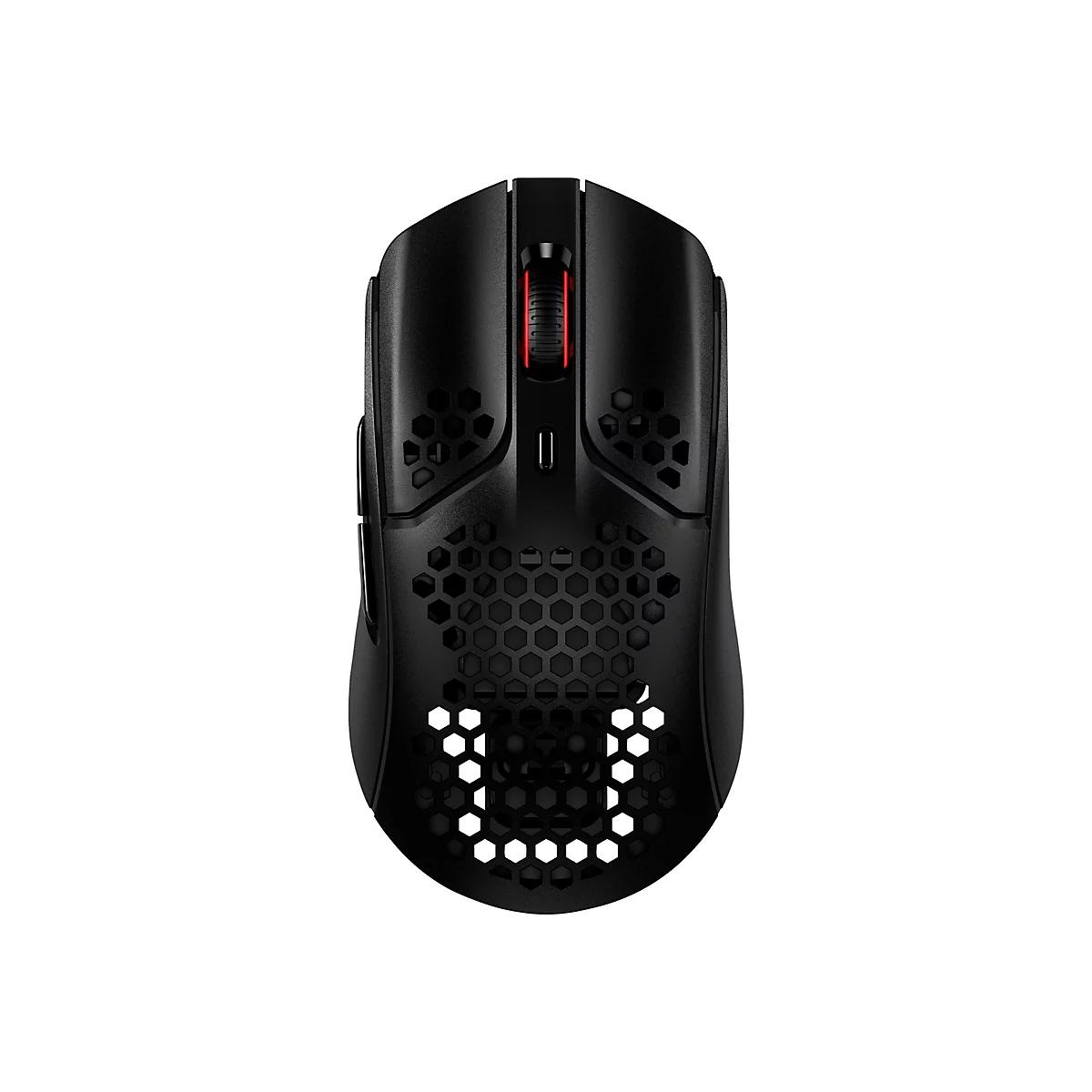 Souris de jeu noire avec des découpes en nid d'abeilles et une molette rouge, sur fond blanc.