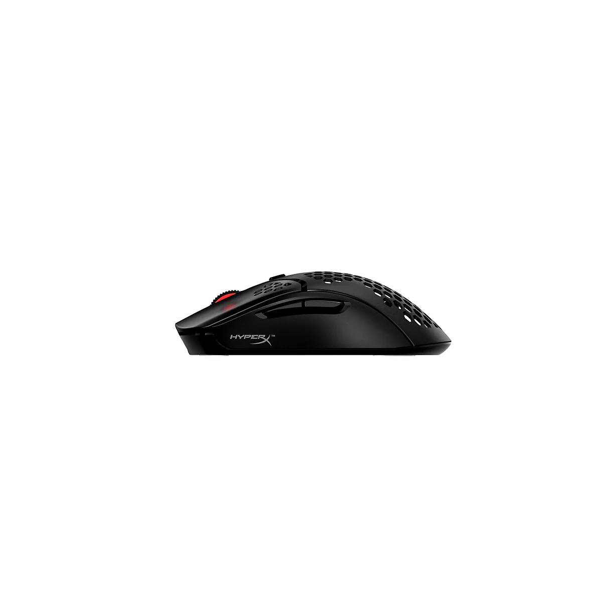 Souris de jeu noire avec un motif en nid d'abeille et une molette rouge. Le logo HyperX est clairement visible.