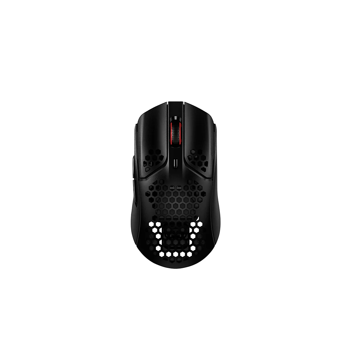 Souris de jeu noire avec un motif en nid d'abeille et une molette de défilement rouge. Le design est minimaliste et moderne.
