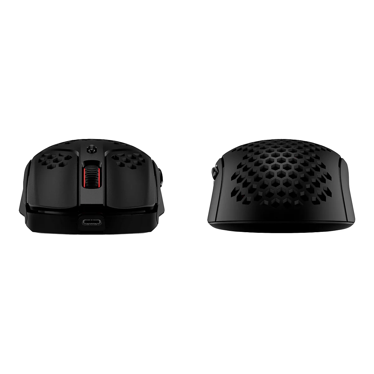 Deux souris de jeu noires sur fond blanc. Une souris de face, l'autre de dessus.