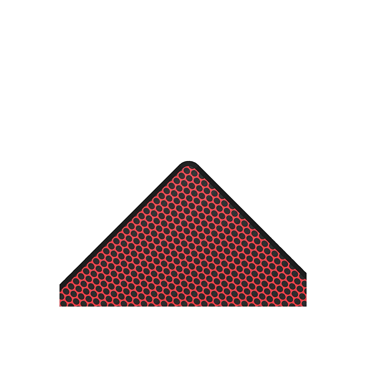 Rotes dreieckiges Detail, gefüllt mit schwarzen Kreisen, von einem schwarzen Rahmen umgeben.