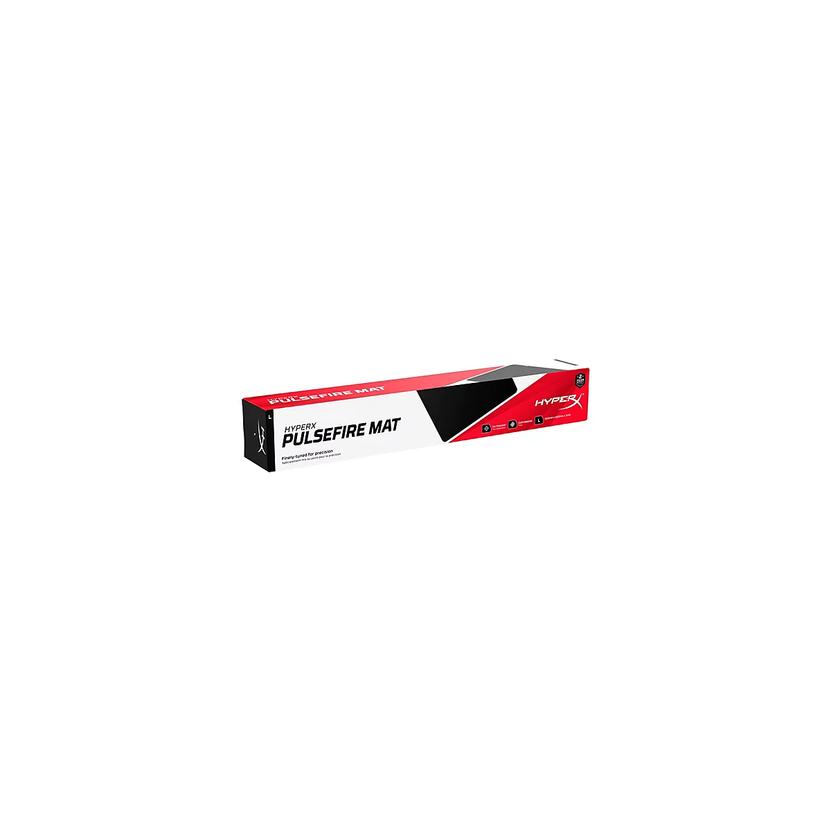 Un emballage rectangulaire noir du tapis HyperX Pulsefire, partiellement coloré en rouge. Le nom du produit et le logo HyperX sont imprimés.