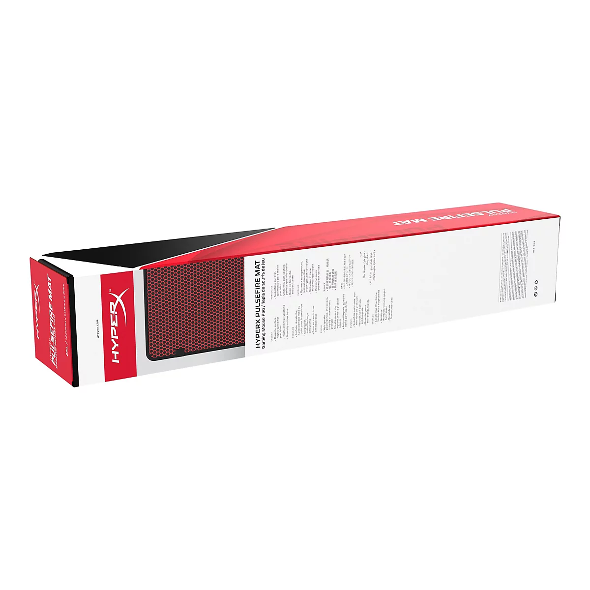 Emballage de produit rectangulaire pour un tapis de souris HyperX Pulsefire. La boîte est principalement blanche avec des accents rouges et noirs. Le nom et le logo sont bien en évidence.