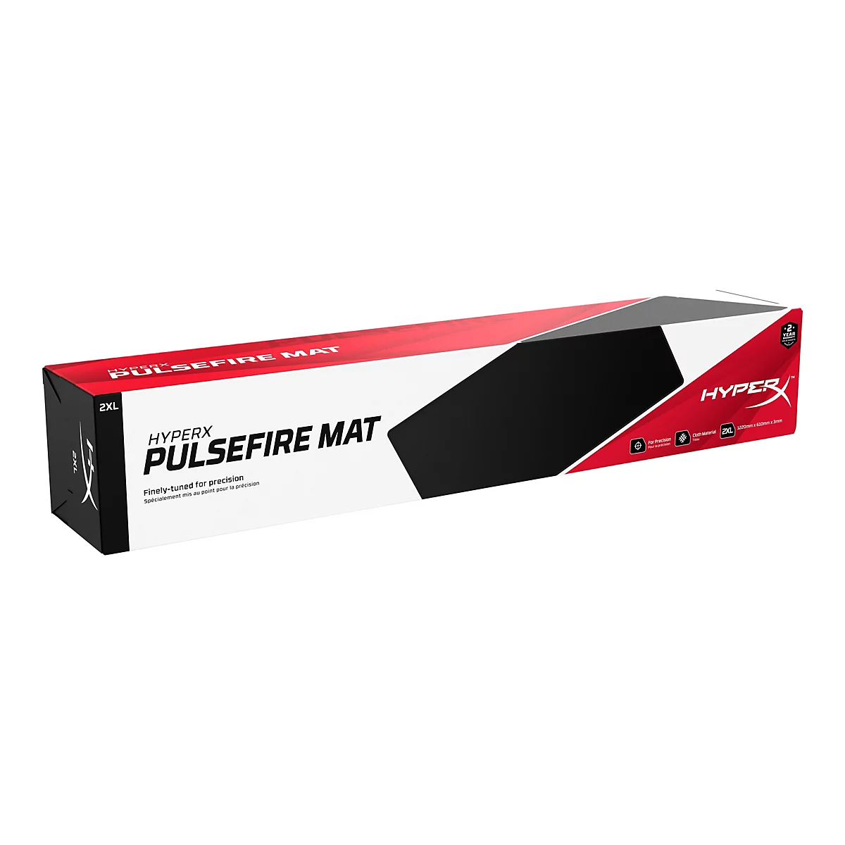 Emballage du produit HyperX Pulsefire Mat, noir, rouge et blanc. Texte : 2XL, HYPERX PULSEFIRE MAT.