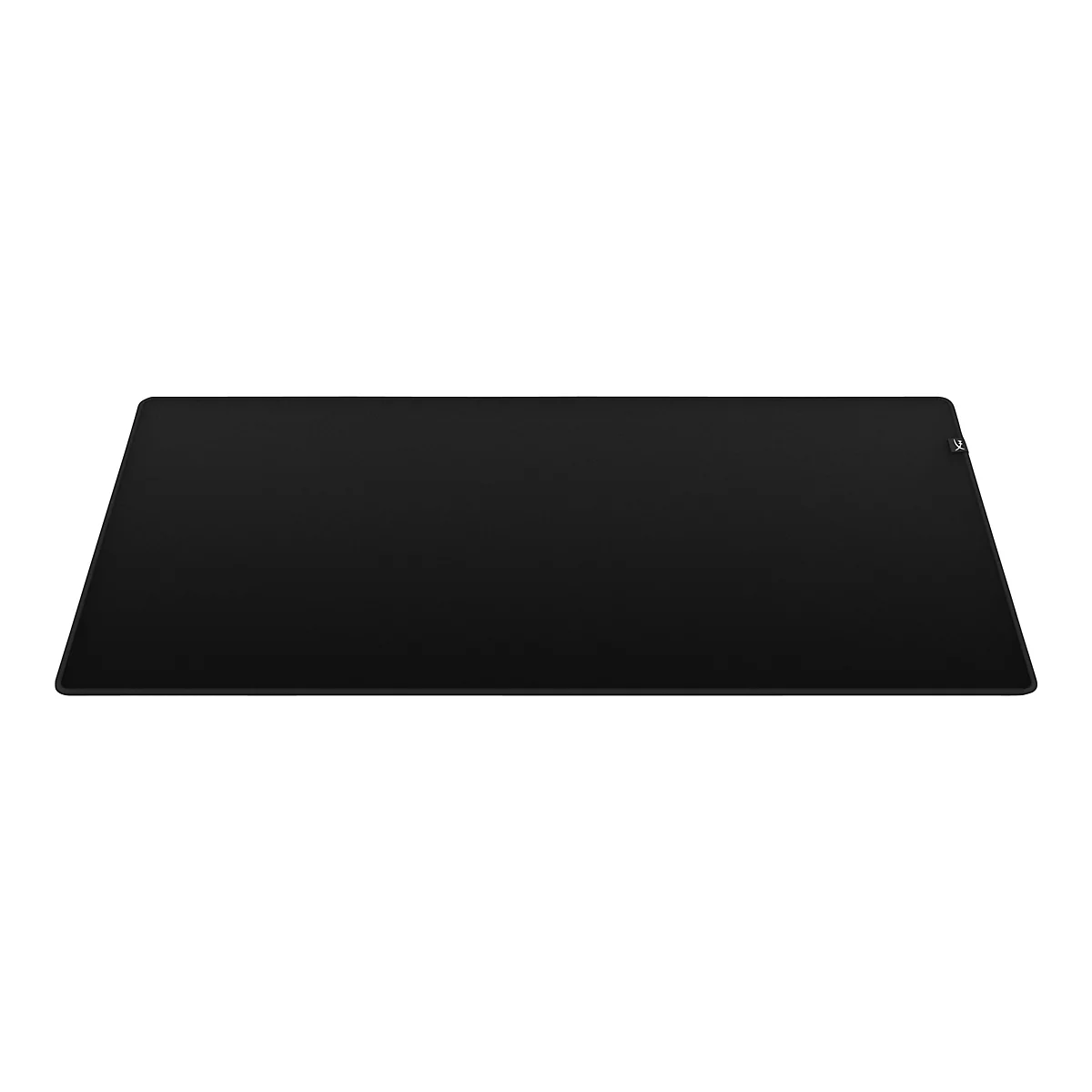 Tapis de souris rectangulaire noir avec coins arrondis. Petit logo dans le coin droit.