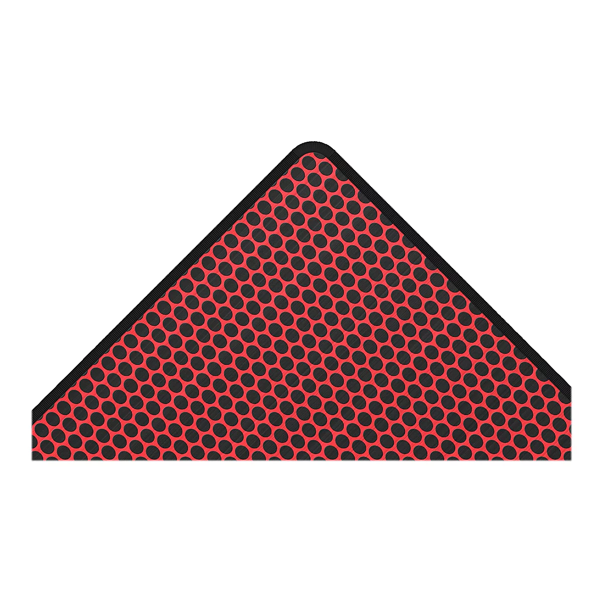 Tapis de sol triangulaire avec fond rouge et cercles noirs. La bordure est noire.
