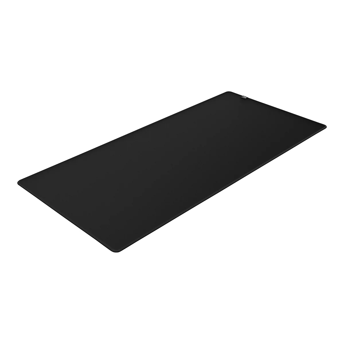 Tapis de souris noir et rectangulaire avec des coins arrondis. Un petit logo est fixé dans le coin supérieur droit.