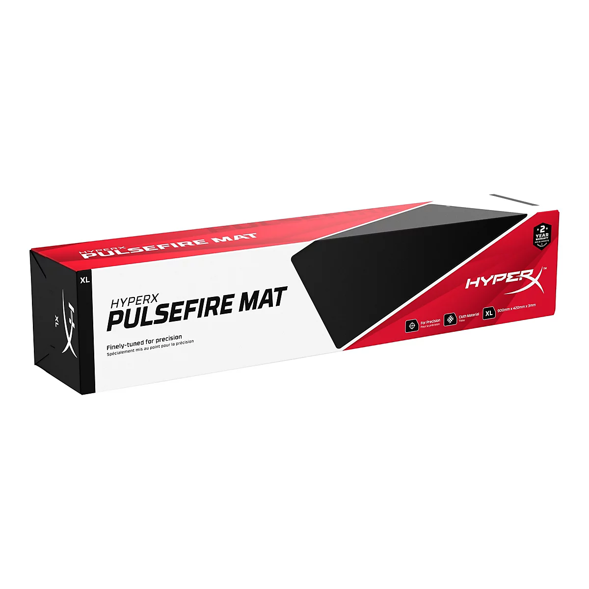L'emballage du produit pour le tapis de souris HyperX Pulsefire. La boîte est rouge, noire et blanche, avec le nom du produit, le nom de la marque et les informations sur la taille.