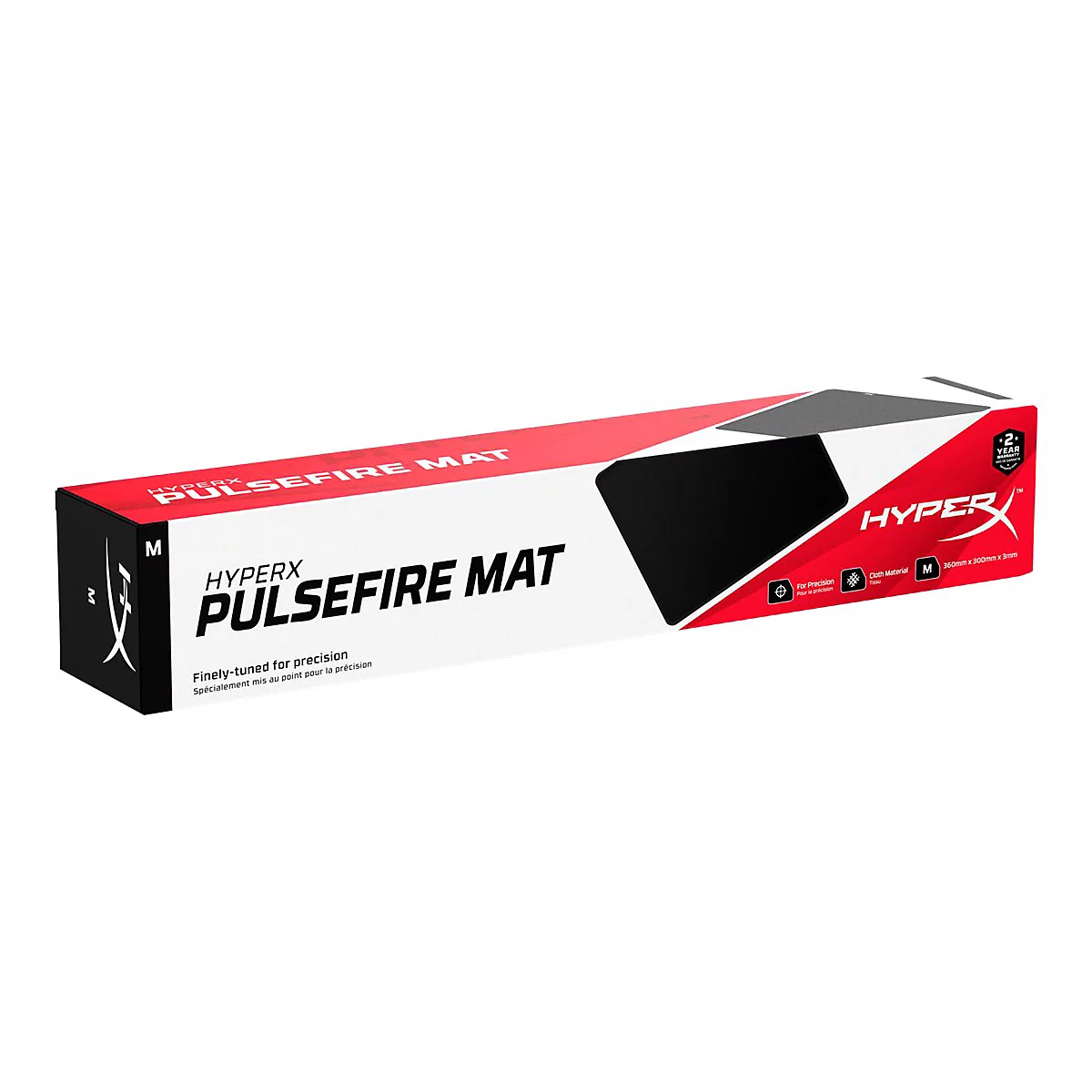 Boîte avec HyperX Pulsefire Mat, couvercle rouge avec lettrage et champ noir.