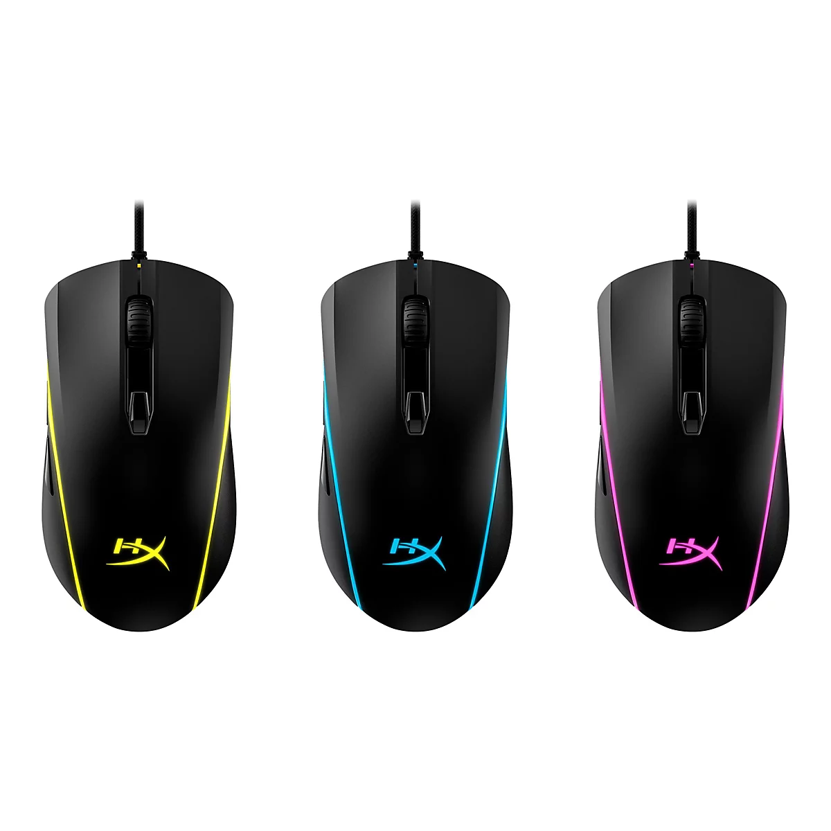 Drei schwarze Gaming-Mäuse mit farbigen Lichteffekten: Gelb, Blau und Pink. Jede Maus hat ein Kabel und das HyperX-Logo.