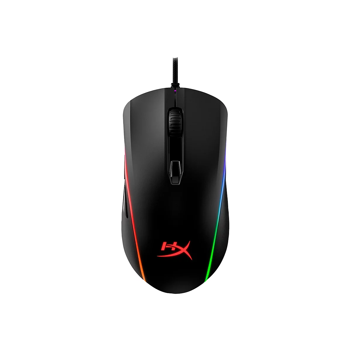 Schwarze Gaming-Maus mit RGB-Beleuchtung und rotem HyperX-Logo. Das Kabel ist oben am Gehäuse befestigt.