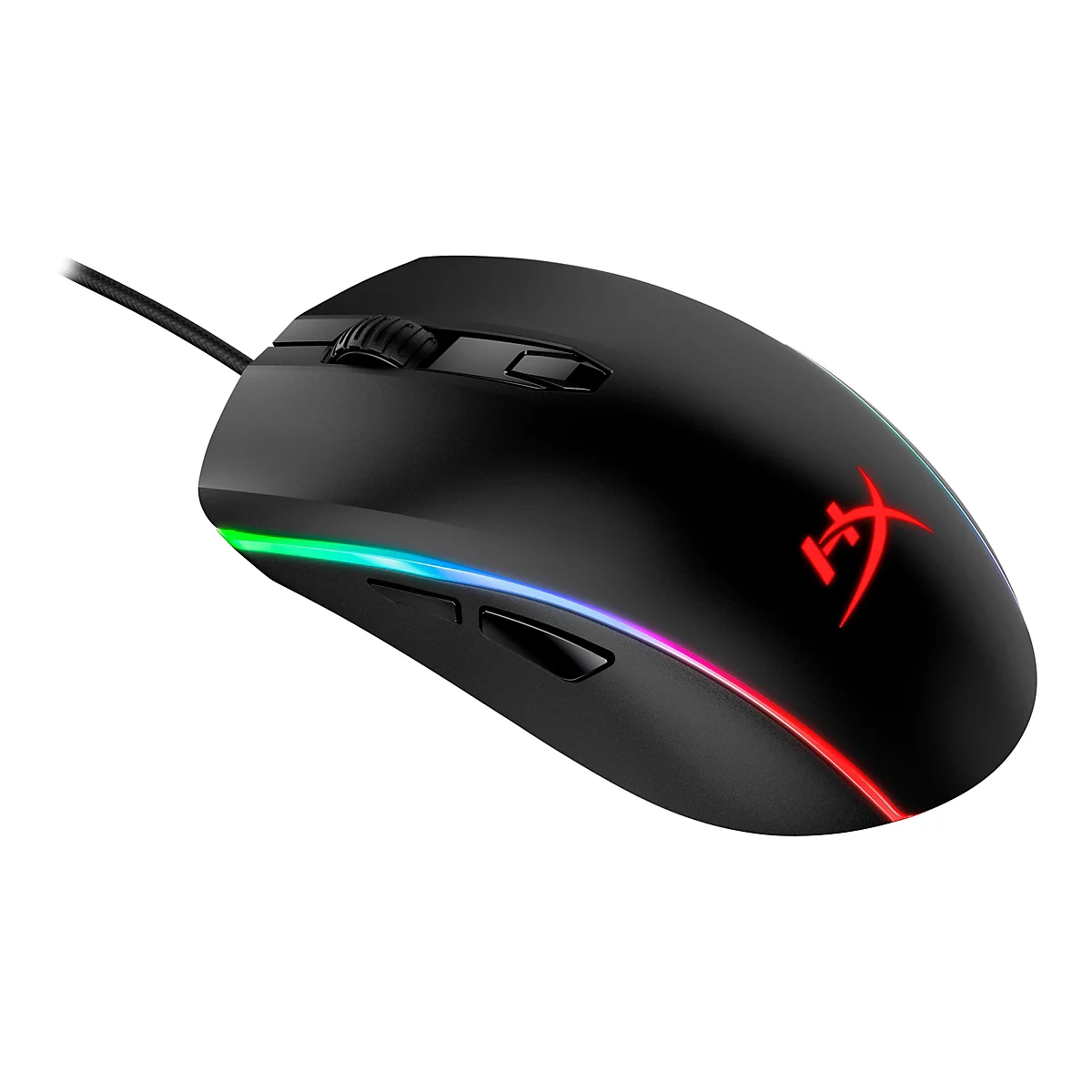 Schwarze Gaming-Maus mit RGB-Beleuchtung und rotem Logo auf weißem Hintergrund.