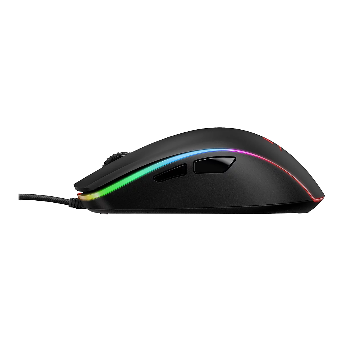 Schwarze Gaming-Maus im Profil, mit farbiger Beleuchtung.