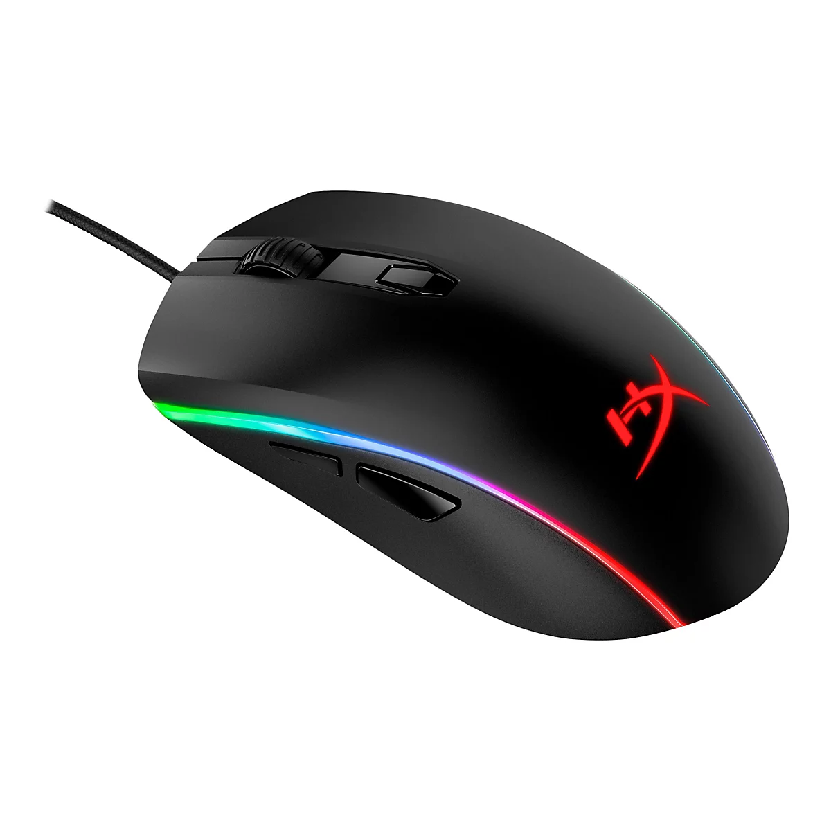 Schwarze Gaming-Maus mit RGB-Beleuchtung und HyperX-Logo.