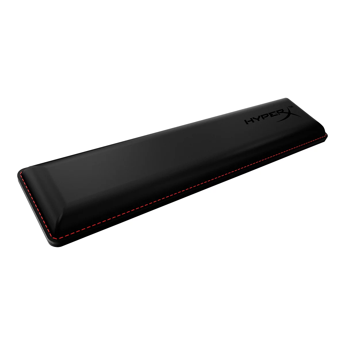 Schwarze Handgelenkauflage für Tastaturen. Rote Naht umrandet die Oberfläche. HyperX Logo ist aufgedruckt.