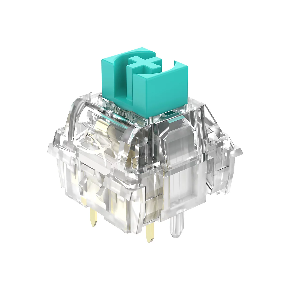 Un interrupteur de clavier transparent avec une tige bleu sarcelle et un boÃ®tier transparent. La tige a un signe plus.