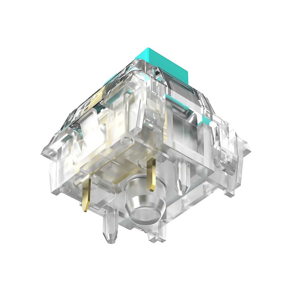 Un interrupteur de clavier mÃ©canique transparent avec une tige turquoise, un boÃ®tier transparent et des contacts dorÃ©s.
