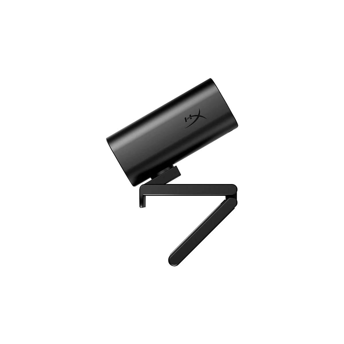 Une webcam noire avec le logo HyperX, fixée à un support noir, sur fond blanc.