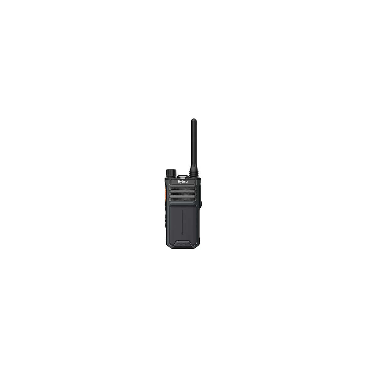 Schwarzes Hytera Handfunkgerät mit Antenne vor weißem Hintergrund.