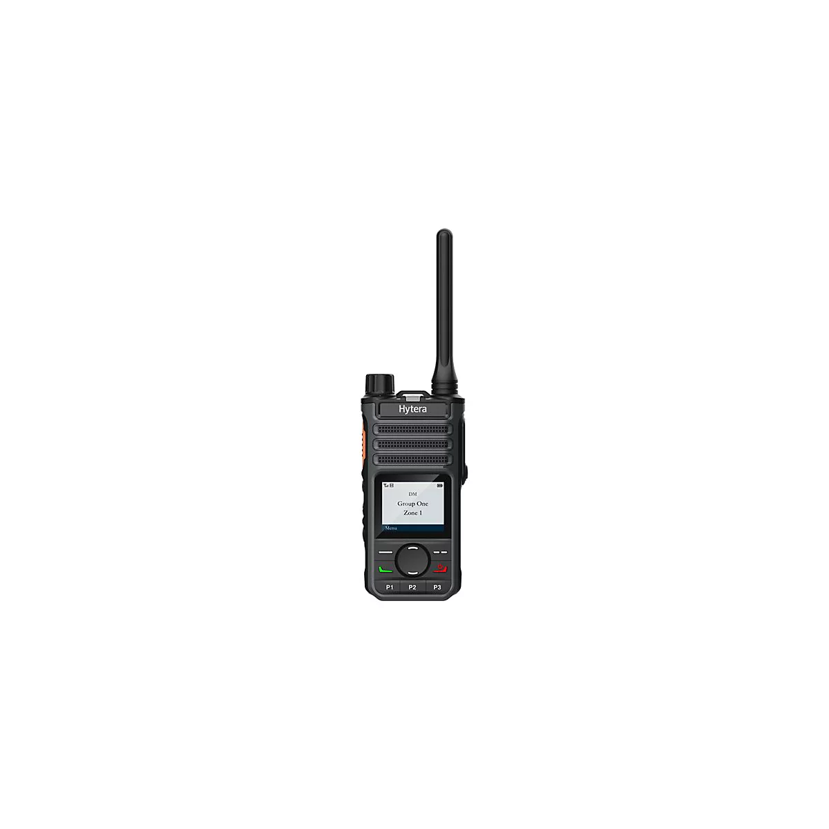Schwarzes Hytera Handfunkgerät mit Display, Antenne und Bedientasten auf weißem Hintergrund.