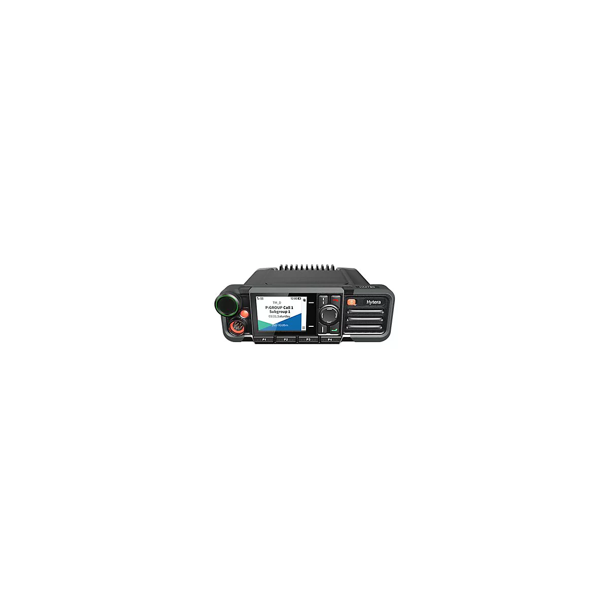 Schwarzes Hytera HM780 Mobilfunkgerät mit Display, Bedientasten und Lautsprecher vor weißem Hintergrund.