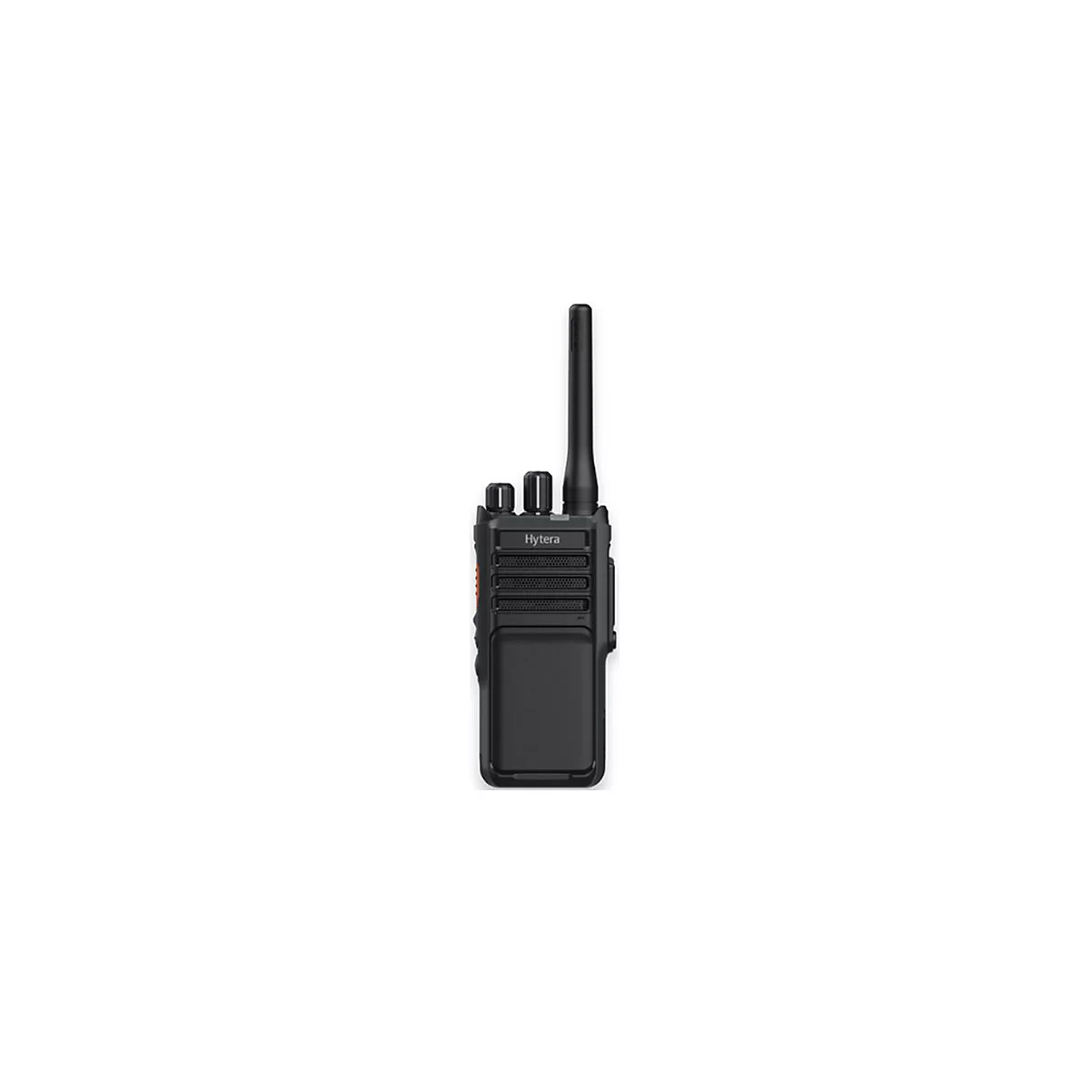 Schwarzes Hytera Handfunkgerät mit Antenne vor weißem Hintergrund.