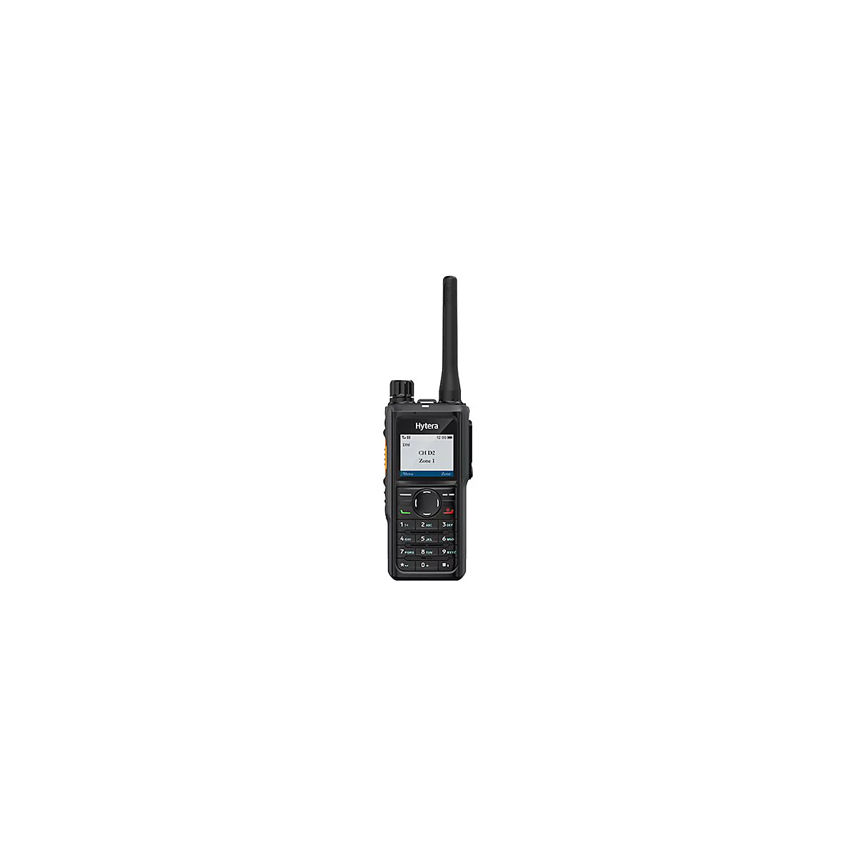 Schwarzes Hytera-Funkgerät mit Antenne, Display und Tastatur vor weißem Hintergrund.