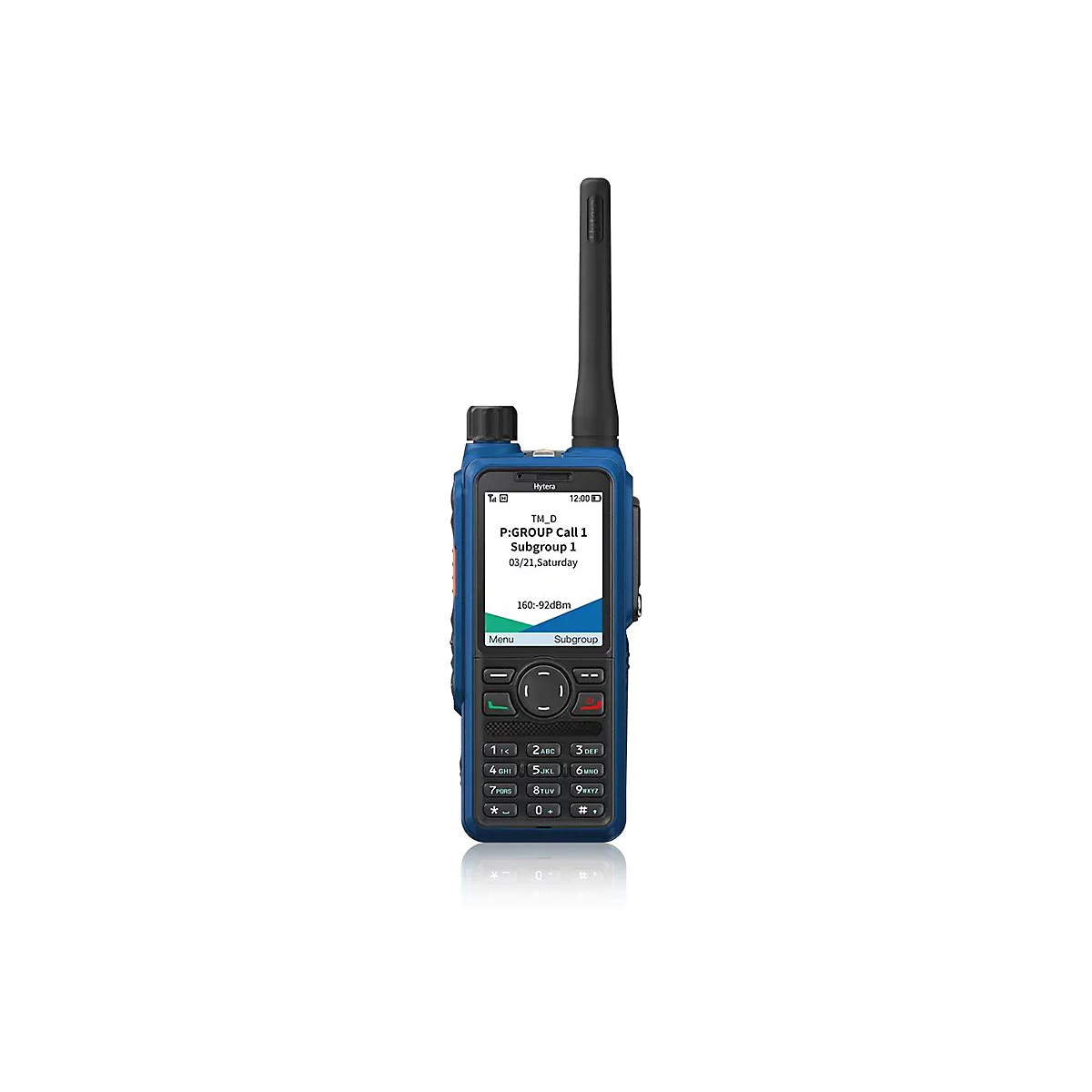 Blaues Hytera Funkgerät vor weißem Hintergrund mit leuchtendem Display und Antenne.