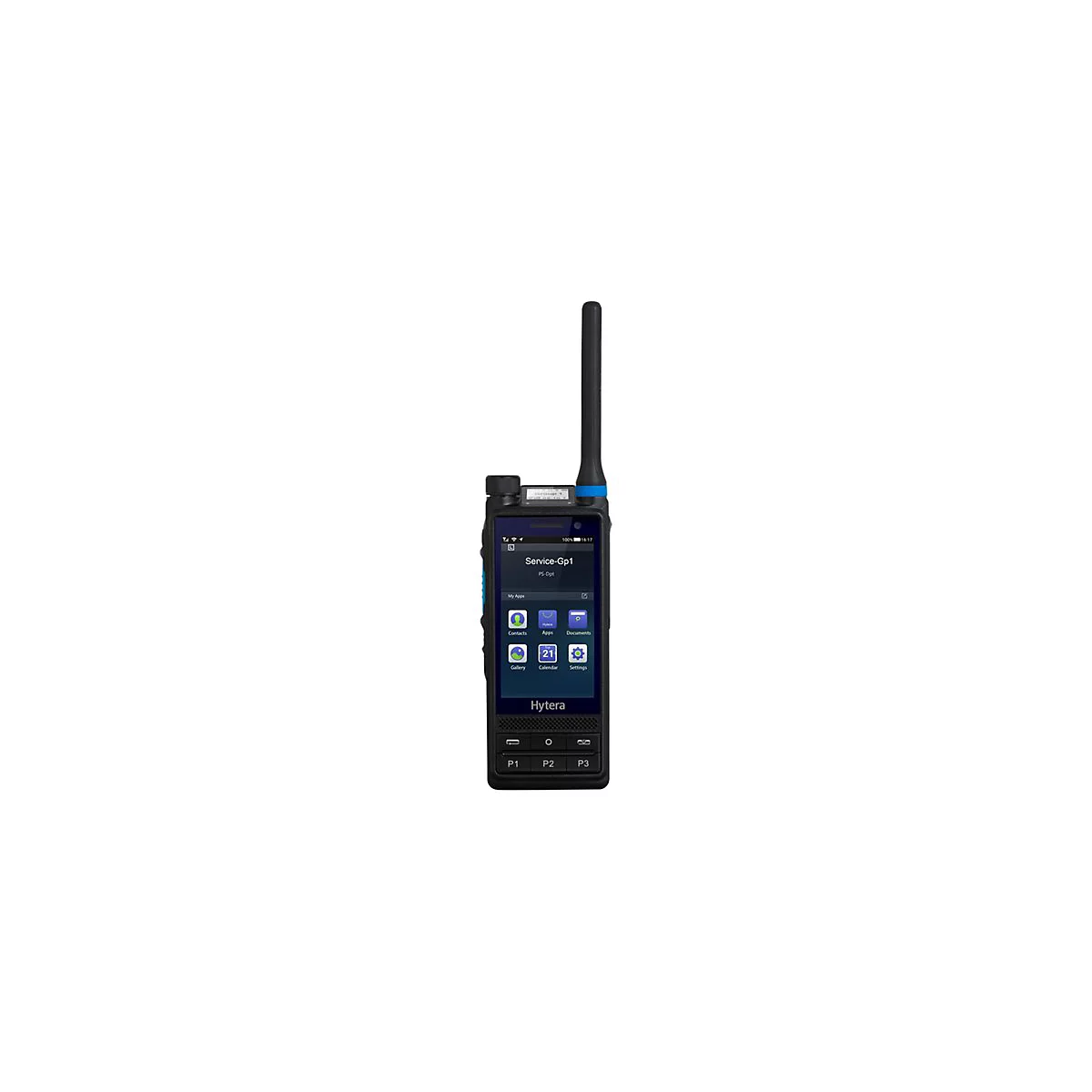 Hytera Funkgerät mit Touchscreen und Antenne vor weißem Hintergrund.