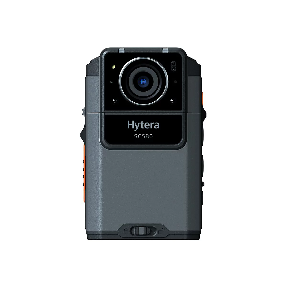 Dunkelgraue Bodycam mit Objektiv, Logo und Modellbezeichnung SC580.