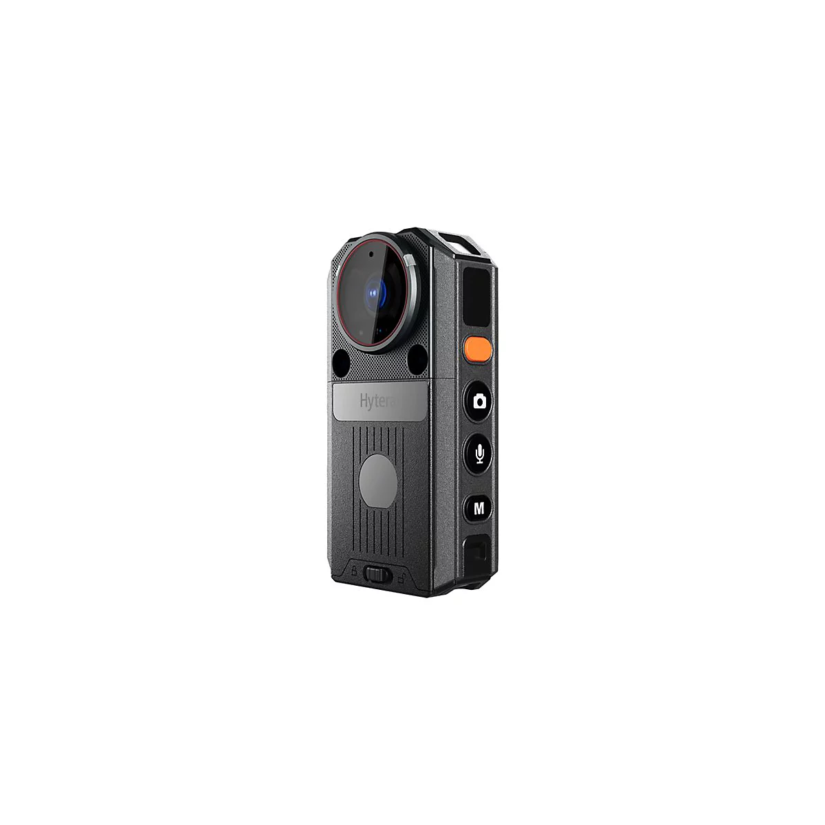Schwarze Bodycam mit "Hytera"-Schriftzug. Orangefarbener Knopf und Symbole für Kamera, Mikrofon und Menü. Linse im Fokus.