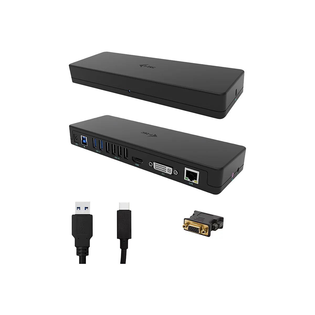 Schwarze Dockingstation mit Anschlüssen und Kabeln. Oben die geschlossene Box. Darunter die Box mit Anschlüssen. Dazu Kabel und DVI-Adapter.