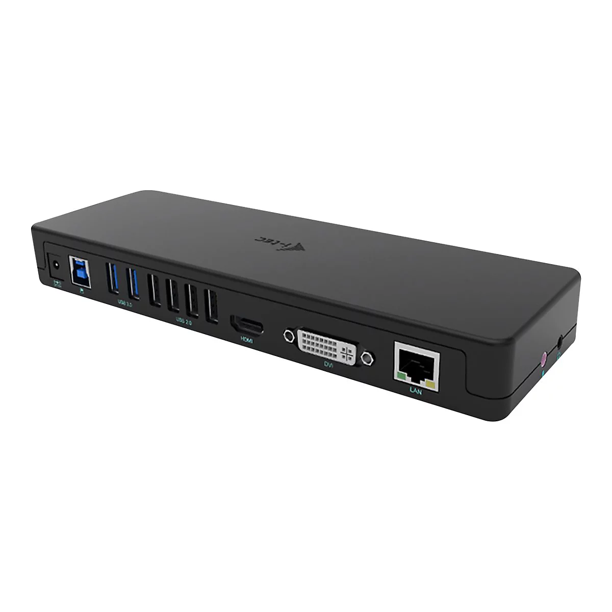 Schwarze Dockingstation mit USB-, HDMI-, DVI- und LAN-Anschlüssen. Label: USB 3.0, USB 2.0, HDMI, DVI, LAN.
