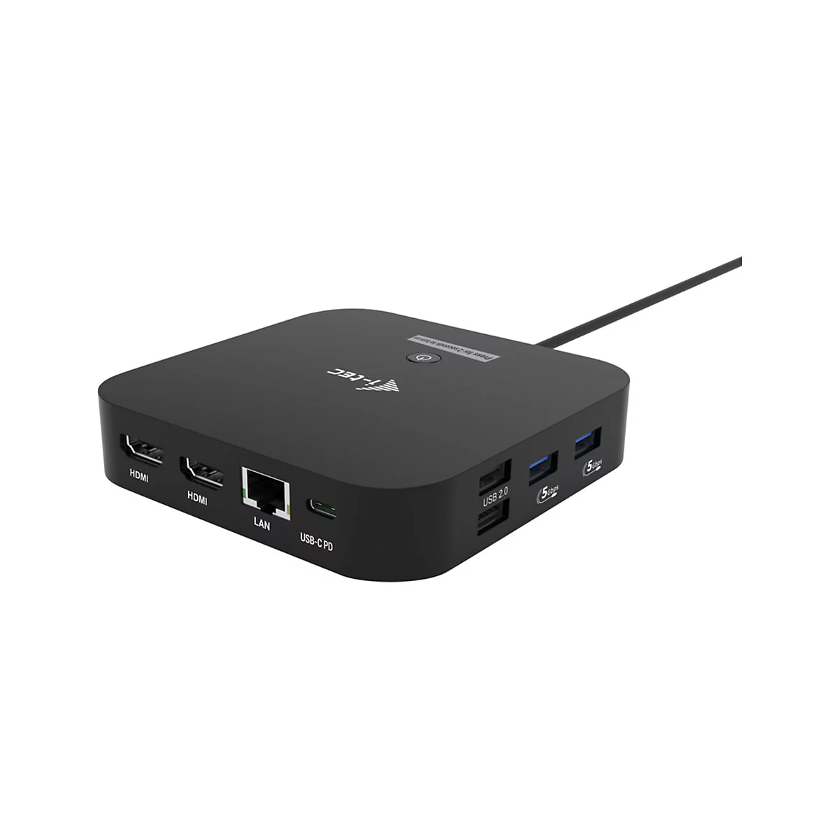 Schwarzer USB-Hub mit mehreren Anschlüssen, darunter HDMI, LAN und USB-C. Das I-tec Logo ist sichtbar.