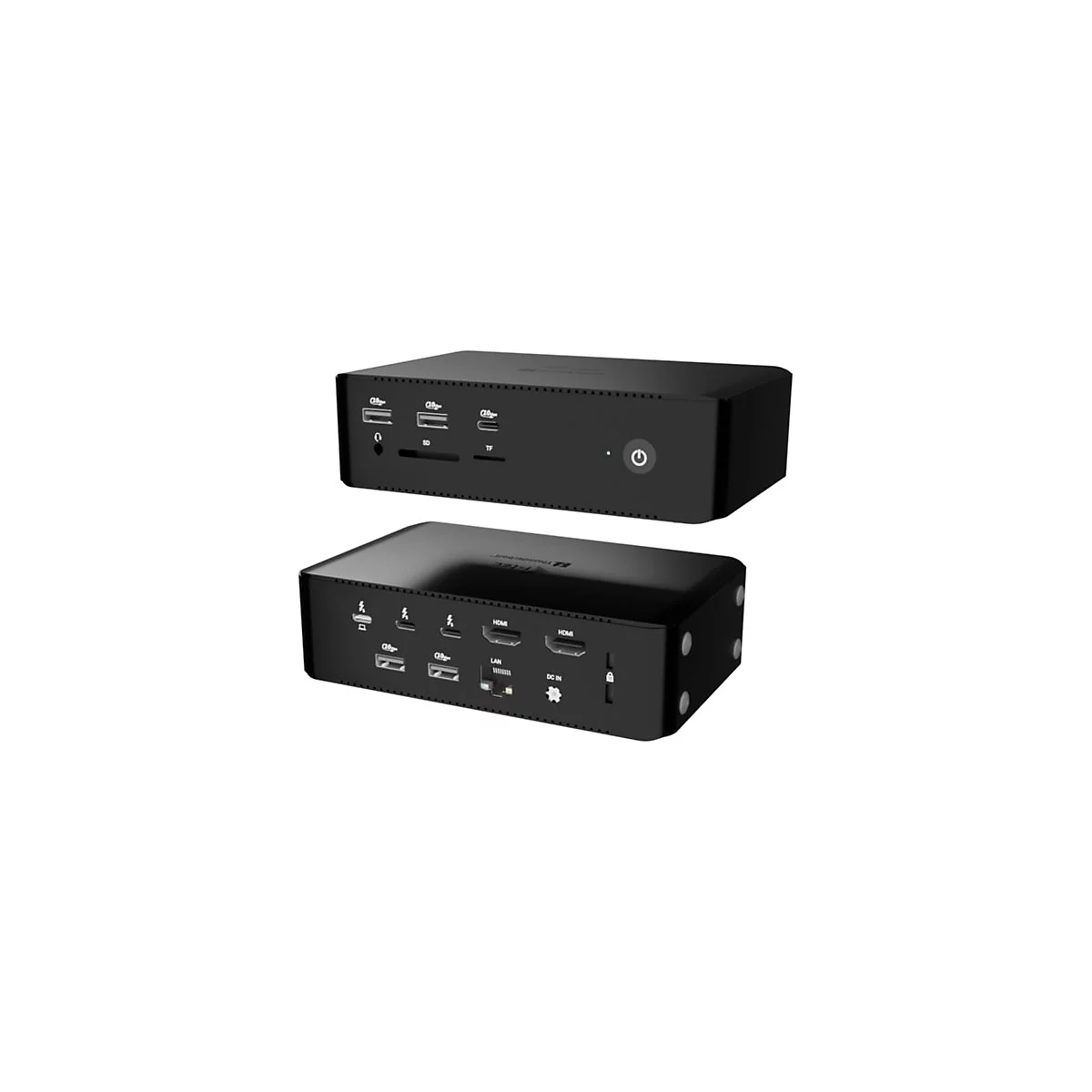 Schwarze Dockingstation, oben USB-Ports und SD-Kartenleser, unten Anschlüsse wie HDMI und LAN.