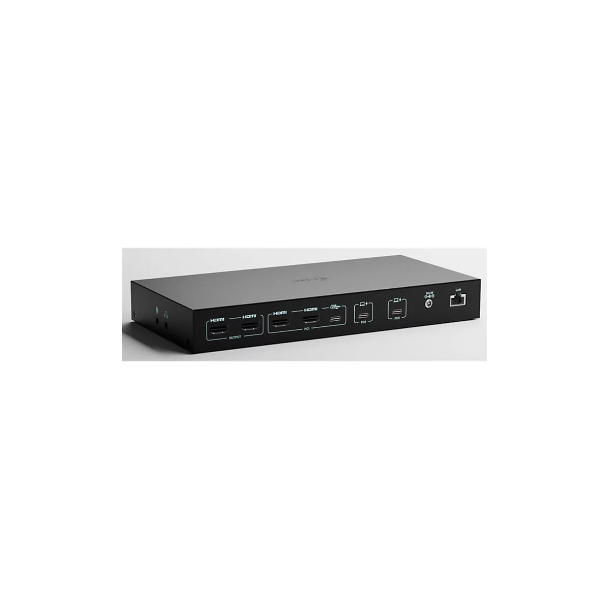 Commutateur HDMI noir avec plusieurs ports tels que HDMI, USB-C et LAN, sur fond clair.
