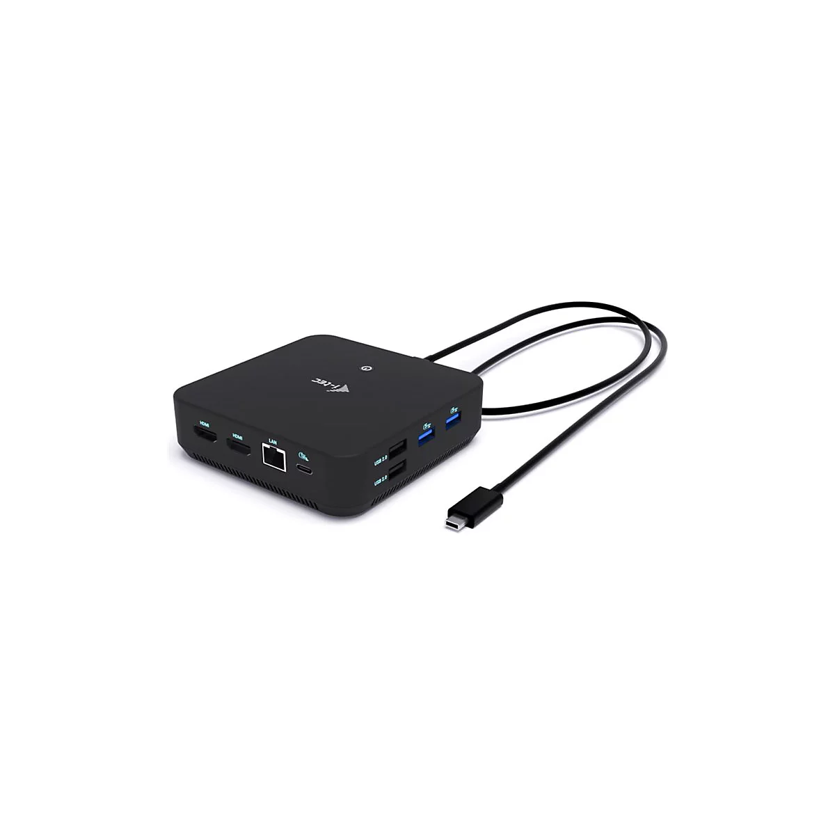 Schwarze Dockingstation mit Anschlüssen wie HDMI, LAN und USB. Ein Kabel mit USB-C-Stecker ist angeschlossen.